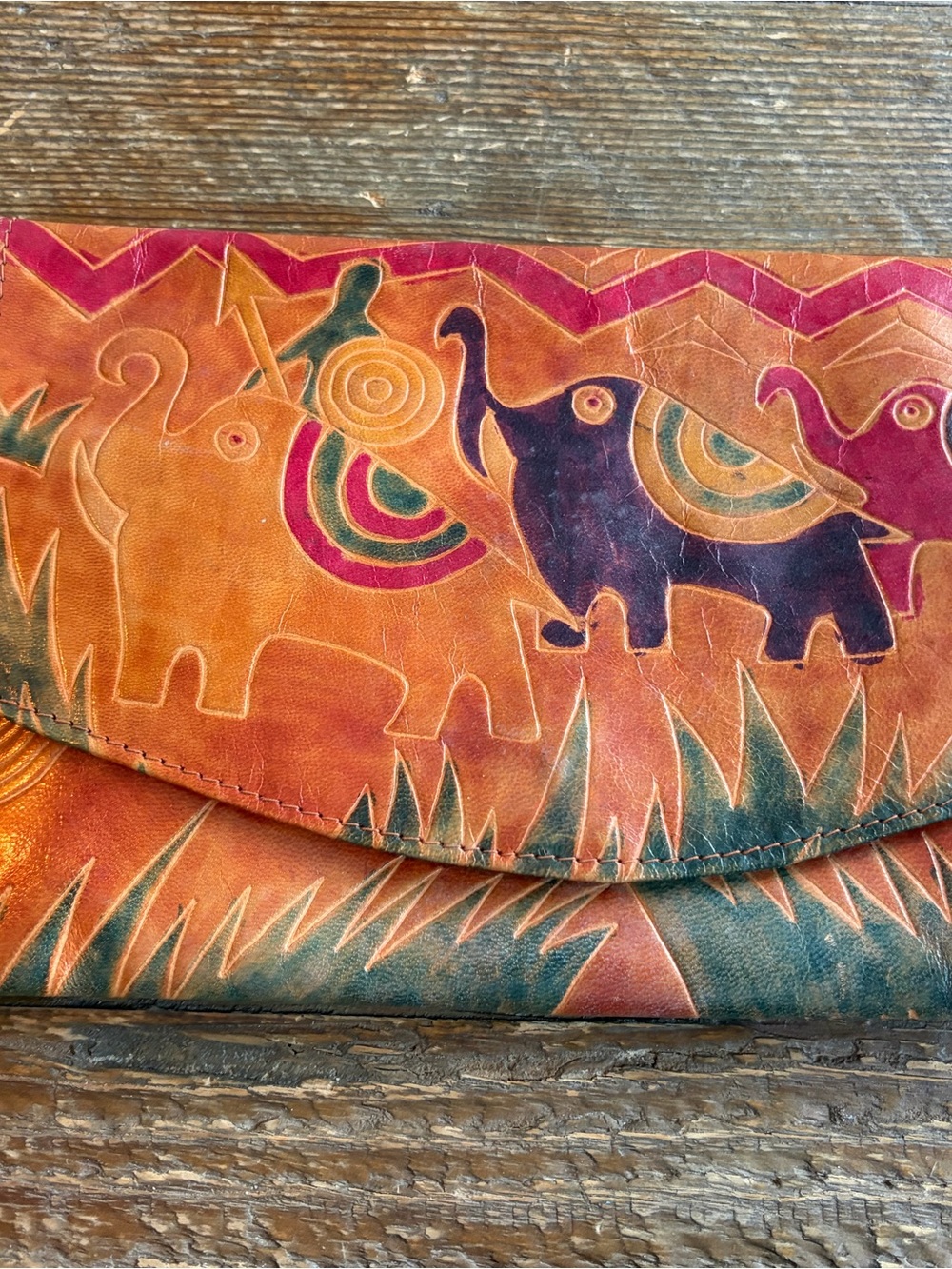 Hand-Painted Orange Leather Elephant Envelope Clutch